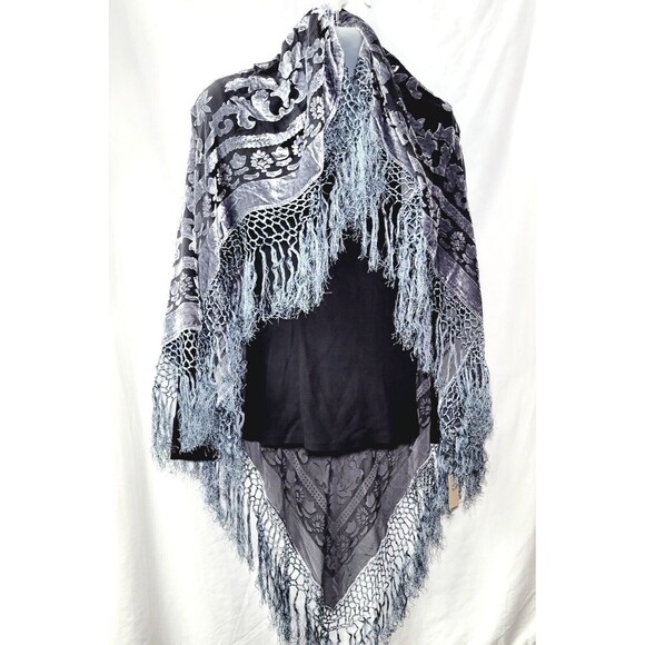 Maya Matazaro Kimono Shawl Wrap Silk Burnout Velvet Blk Grey Fringe USA NWT - Picture 7 of 9